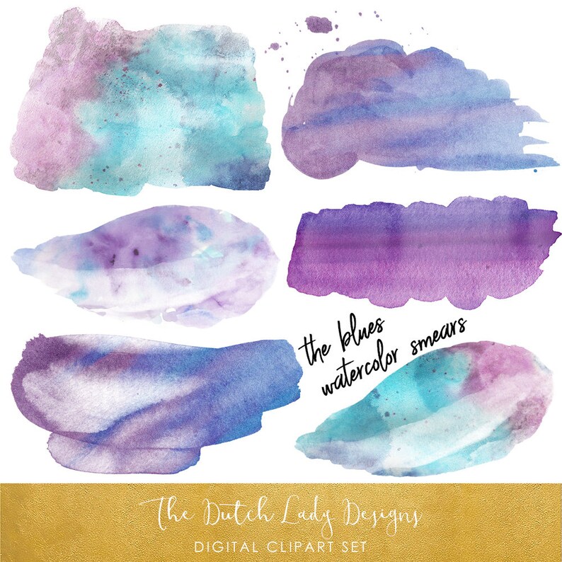 Watercolor Smears The Blues In Blue, Purple & Aqua Tones Waterpaint Textures Brush Shapes INSTANT DOWNLOAD 20 .PNG Files image 1