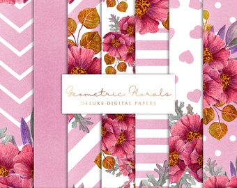 Digital Scrapbook Paper Set - Printable Backgrounds - Floral & Geometric Patterns - Purple Textures - 7 .JPEG Files - INSTANT DOWNLOAD