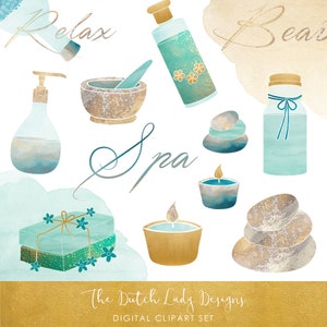 Spa Retreat Clipart Set - In Turquois &Gold - Cosmetica, Schoonheid, Relax, Kaars, Kiezels en Tekst Afbeeldingen - INSTANT DOWNLOAD - 27 .PNG Files