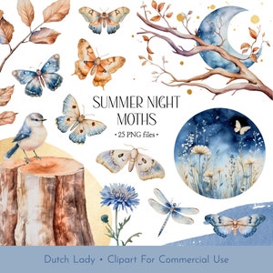 Aquarell Sommernacht Motte Clipart Set - Mittsommernacht - Elegante Blumenkränze & Kreise - Blau Beige Farbe - INSTANT DOWNLOAD - 25 PNG Dateien