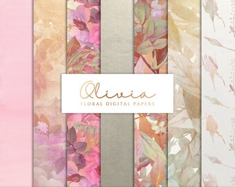 Digitale papierset met bloemenmotief: roze en grijze scrapbookachtergronden (7 .JPEG-bestanden) (direct te downloaden)