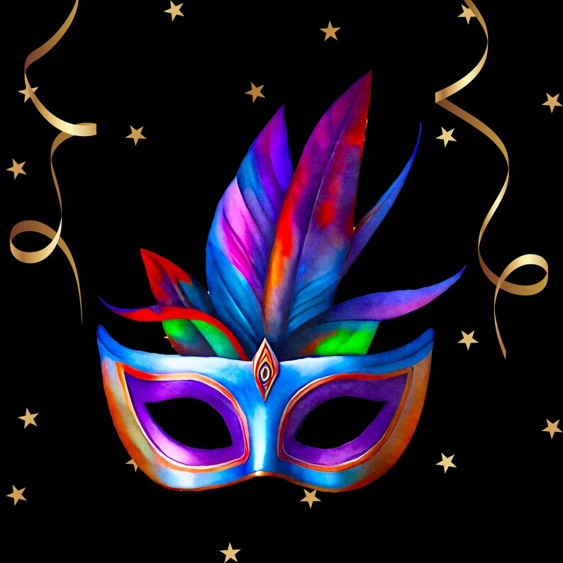 Mardi Gras Mask Clipart: Gold Ribbons, Confetti (25 PNG Images ...