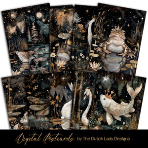 Regal Lake Animals Postkarte & Poster Set, druckbare Kartendesigns, Aquarell Nacht, goldene Kronen, 10 JPEG-Dateien, SOFORTIGER DOWNLOAD