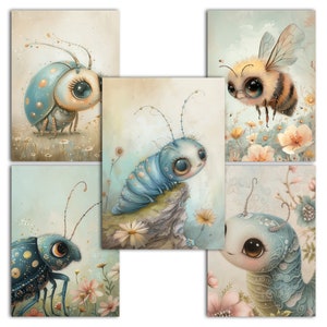 Digital postcard and poster designs. Art print designs for crafting, printing, personal and commercial use. A cute garden bug theme. Soft gouache art prints. Pastel colors. 10 JPEG files in size 3000x4200 pixels. Beetles, honey bee, worm, caterpillar