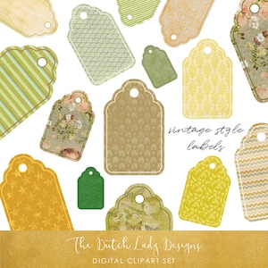 Gift Tag & Label Clipart Set - Vintage Style In Green and Yellow - INSTANT DOWNLOAD - 20 .PNG Files