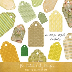 Gift Tag & Label Clipart Set - Vintage Style In Green and Yellow - INSTANT DOWNLOAD - 20 .PNG Files