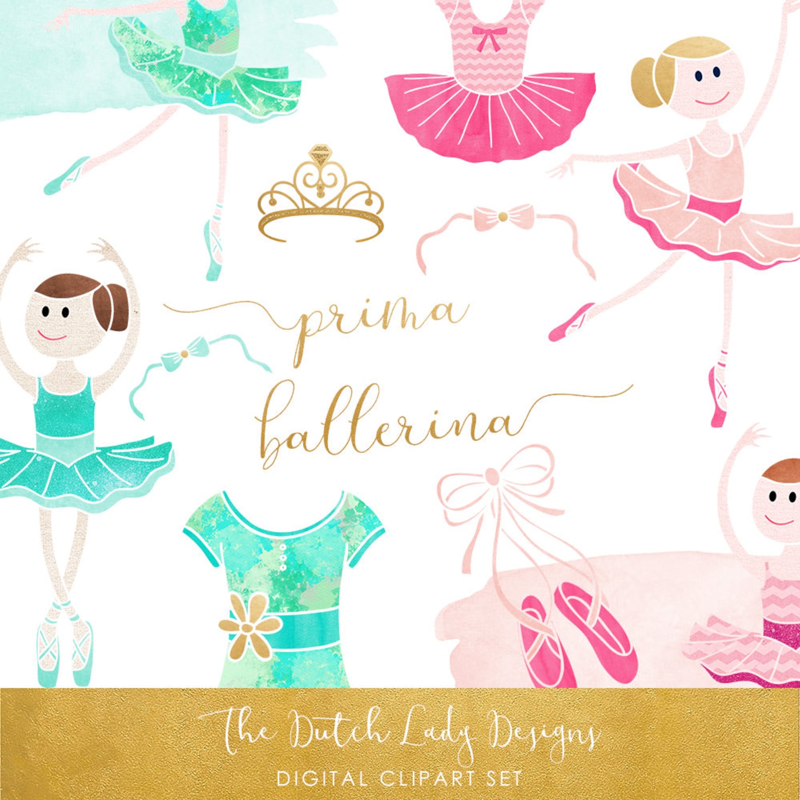 ballerina clipart set - watercolor ballet images - dancing graphics - kids clipart - pink & aqua - instant download - 25 .png fi