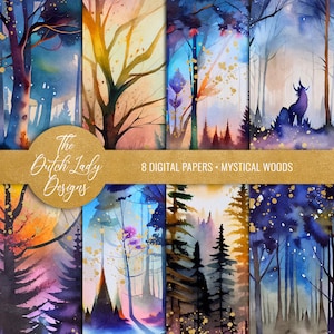 Digitales Papier Set - druckbare Hintergründe - Mystische Wälder - Aquarellfarbe Waldtexturen - 8 JPEG-Dateien - SOFORT-DOWNLOAD