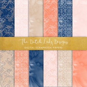 May include: A set of 12 digital scrapbook papers featuring a delicate white floral pattern on a variety of backgrounds, including navy blue, peach, beige, and pink.