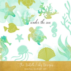 Sea Life Clipart Set - Under The Sea - Meerestiere & Meeres weed in Aquarell, Aqua und Limette - INSTANT DOWNLOAD - 31 .PNG Dateien