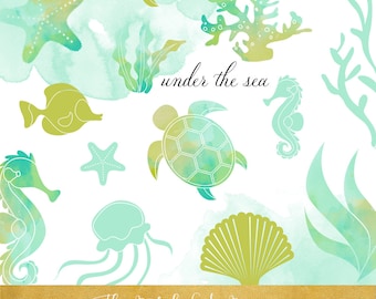 Watercolor Sea Life Clipart: Aqua & Lime PNG Set (Digital Download)