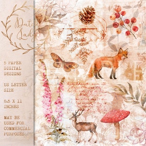 May include: Digital paper design with a vintage aesthetic. The design features illustrations of a fox, deer, butterfly, flowers, and a mushroom. The paper is US Letter size, 8.5 x 11 inches, and can be used for commercial purposes. The design includes the text "Dutch Lady".