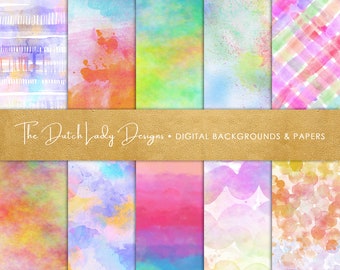 Watercolor Rainbow Digital Paper: Colorful Scrapbook Backgrounds (Digital Download)