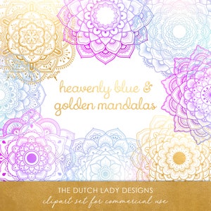 Mandala Clipart Set - Heavenly Blue & Gold - Indian, Thai, Yoga, Holistic Circles - Logo Design Mandalas - INSTANT DOWNLOAD - 24 .PNG Files