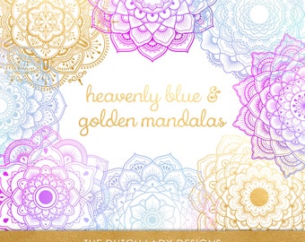 Blue & Gold Mandala Clipart Set: Yoga, Thai, Indian Designs (INSTANT DOWNLOAD)