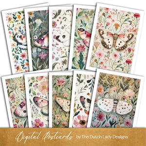 Postal de mariposas botánicas y conjunto de impresión de arte, diseños digitales imprimibles, tarjetas de polilla floral, impresiones de la naturaleza de la acuarela, DESCARGA INSTANTÁNEA