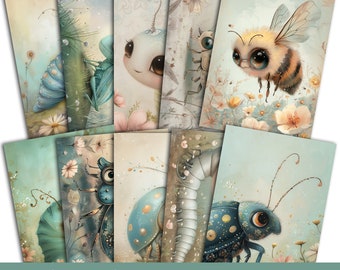 Conjunto de postales y carteles de insectos lindos, diseños de tarjetas imprimibles, arte gouache de acuarela pastel, criaturas de jardín, 10 archivos JPEG, DESCARGA INSTANTÁNEA