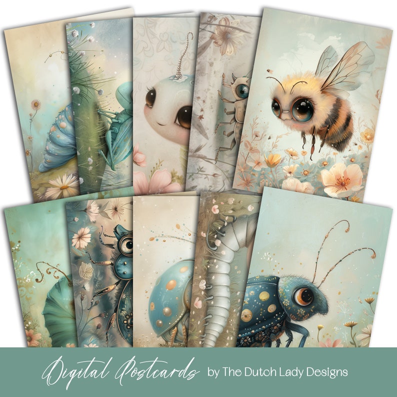 Digital postcard and poster designs. Art print designs for crafting, printing, personal and commercial use. A cute garden bug theme. Soft gouache art prints. Pastel colors. 10 JPEG files in size 3000x4200 pixels. Beetles, honey bee, worm, caterpillar