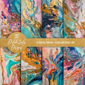Peut inclure: Huit papiers numériques avec un art fluide abstrait dans des tons de bleu, rose, or et blanc. Les papiers sont parfaits pour les projets d'artisanat, de scrapbooking et de design numérique.