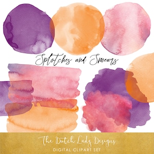 Watercolor Splotches & Smears - In Pink, Purple and Orange Tones - Waterpaint Textures - Circle Stains - INSTANT DOWNLOAD - 24 .PNG Files