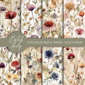 Fundos digitais de flores de campo sem costura - Padrões botânicos selvagens em aquarela - Papel de álbum de recortes para impressão - 8 arquivos JPEG - DOWNLOAD INSTANTÂNEO