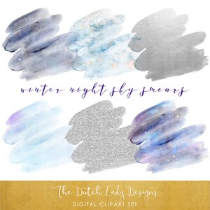 Watercolor & Glitter Smear Clipart Set Winter Night Sky and Silver Color Tones INSTANT DOWNLOAD 15 .PNG Files image 1