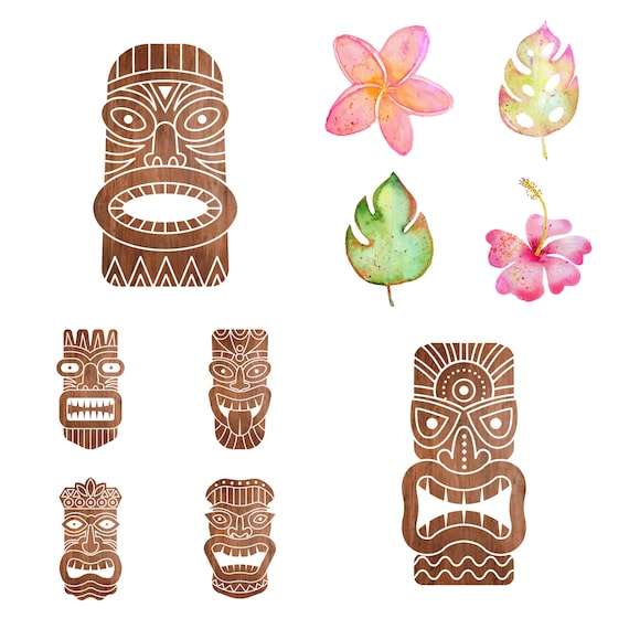 Tiki Mask Clipart Set Hawaiian Masks Tropical Jungle Leaf Flower Watercolor  Wood Gold INSTANT DOWNLOAD 30 .PNG Files - Etsy