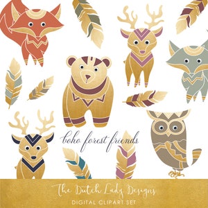 Boho Waldfreunde Clipart Set - Ethno & Boho Tiere und Federn mit einem Hauch von Gold - INSTANT DOWNLOAD - 24 .PNG Dateien