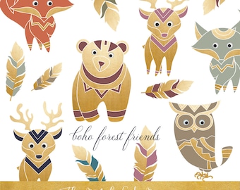 Boho Forest Friends Clipart Set - Ethnic & Bohemian Animals and Feathers with a Touch of Gold - INSTANT DOWNLOAD - 24 .PNG Files