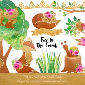 Fox & Forest Clipart Set - Woodland Animals - Escargot - Oiseau - Écureuil - Feuille - Arbres - Or - Aquarelle - TÉLÉCHARGEMENT INSTANTANÉ - 20 .PNG Images