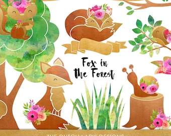 Fox & Forest Watercolor Clipart Set: Woodland Animals (INSTANT DOWNLOAD)