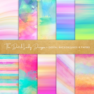 May include: A set of 10 digital watercolor backgrounds in various shades of pink, blue, green, and yellow. The backgrounds feature stripes, gradients, and abstract designs. The text "The Dutch Lady Designs - DIGITAL BACKGROUNDS & PAPERS" is displayed on a gold banner.