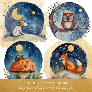 Conjunto de imágenes prediseñadas de animales de noche - Gráfico de estilo de ilustración para niños lindos - Lunas - Estrellas - Lámina de oro - DESCARGA INSTANTE - 25 imágenes digitales