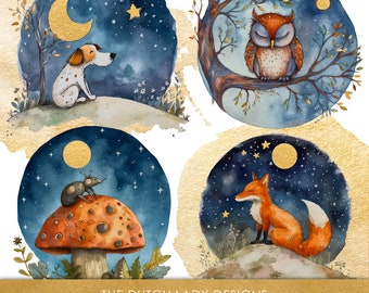 Animals By Night Clipart Set: Gold Foil Moon & Stars (Digital Download)
