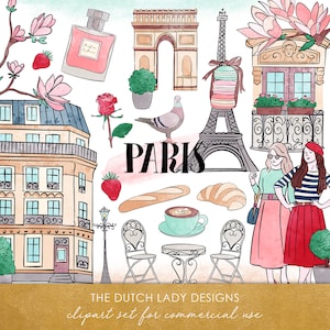 Paris Clipart Set - Gráficos Clipart planos - Arquitectura - Moda - Macarons - Perfume - Parisian Women - DESCARGA INSTANTÁNEA - 35 Imágenes PNG