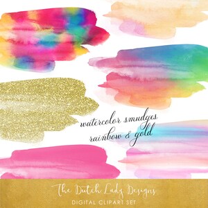 Watercolor & Paint Smudge Clipart Set - In Rainbow, Gold and Glitter - INSTANT DOWNLOAD - 20 .PNG Images