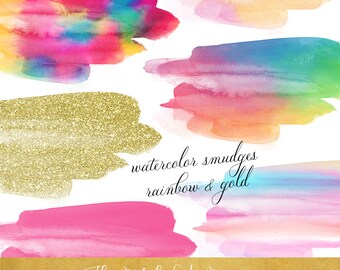 Rainbow & Gold Watercolor Smudge Clipart Set (Digital Download)
