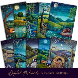 Nighttime Hills Postkarte & Poster Set, druckbare Kartendesigns, niedliche Feldtiere, naive Kunst im Folkart Stil, JPEG-Dateien, SOFORT-DOWNLOAD