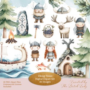 Conjunto de imágenes prediseñadas de Viking Times, lindas ilustraciones para niños, imágenes en acuarela, divertidos animales escandinavos, licencia comercial, DESCARGA INSTANTÁNEA