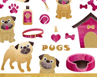 Pug Clipart Set – Pink & Gold Dogs, Pet Accessories (PNG Files) (Instant Download)