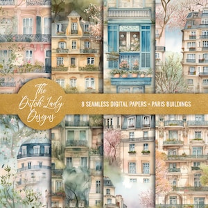 Watercolor Parisian Buildings Digital Backgrounds - Printable Scrapbook Papers - Seamless Paris Patterns - INSTANT DOWNLOAD - 8 JPEG Files