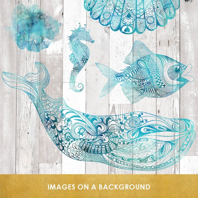 May include: A blue whale, a blue fish, and a blue seahorse are drawn in a detailed, intricate style on a white wood background. The images are outlined in black and filled with a blue watercolor wash.