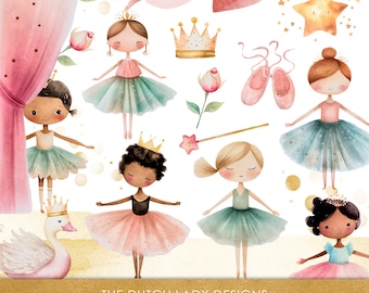 Cute Ballerinas Clipart - Watercolor Kids Illustrations - Dance Theatre Graphics - Curtains - Swan - INSTANT DOWNLOAD - 25 Digital Images