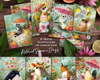 Relaxed Summer Days Illustrations: Colorful Kids Animal Art Postcard Set (Digital Download)