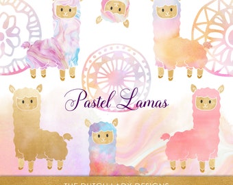 Pastel Llama Clipart: Watercolor Animals, Gold Accents (PNG Files)