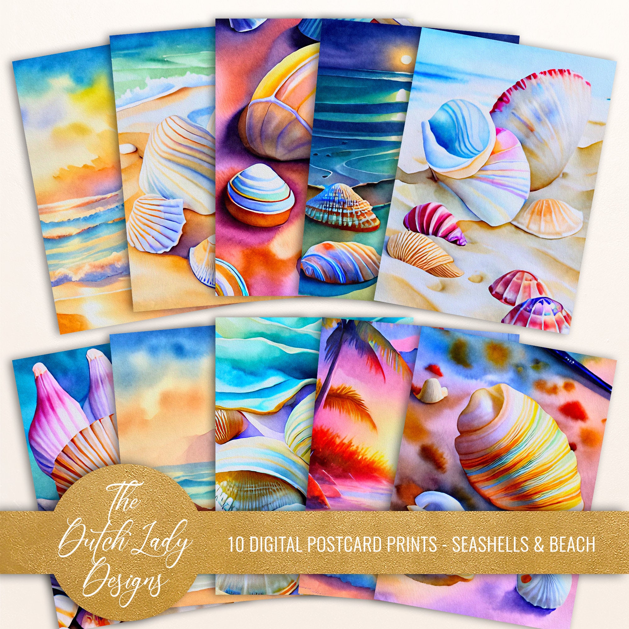 Seashell Beach Postcard Poster Set: Colorful Sea Art (10 JPEG Files ...