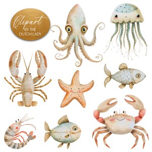 Cute watercolor beige ocean clipart set. Kids illustration style digital images with a sea and ocean theme in muted colors. Animals, mermaid, waterplants, coral, sailboats, waves, seashell. 25 PNG files for personal & commercial creative projects.