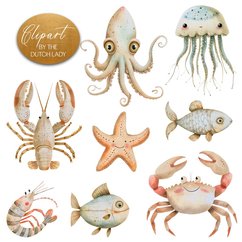 Cute watercolor beige ocean clipart set. Kids illustration style digital images with a sea and ocean theme in muted colors. Animals, mermaid, waterplants, coral, sailboats, waves, seashell. 25 PNG files for personal & commercial creative projects.