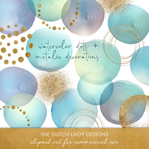 Watercolor Dot & Metallic Decoration Clipart Set - En Azul, Aqua y Oro - Círculos de Pintura - Golden Sparkle - DESCARGA INSTANTÁNEA - 25 .PNG