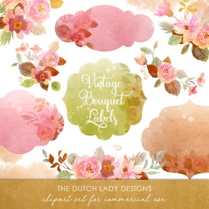 Vintage Boeket &label Clipart Set - Bloemen - Bloemen Labels - Aquarel Stijl - Goud - Roze - Groen - INSTANT DOWNLOAD - 18 .PNG Afbeeldingen